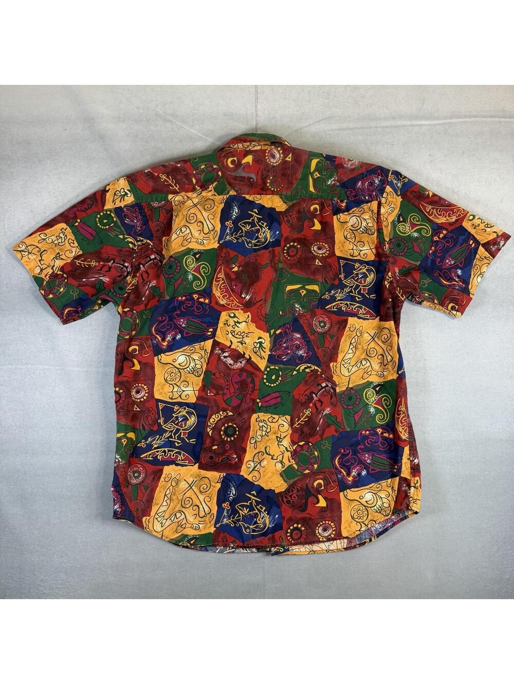 VTG 80s Banana Republic Safari Shirt Mens L/XL Blue Red Travel Cave Art Graphic - Picture 3 of 6